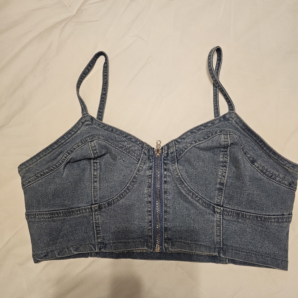 SHEIN Denim Blue Crop Top with Zipper